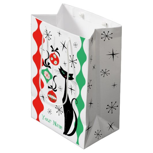 レトロクリスマスのストライプ猫の名前 ミディアムペーパーバッグ (正面アングル)