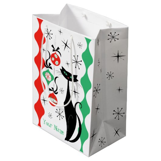 レトロクリスマスのストライプ猫の名前 ミディアムペーパーバッグ (裏面アングル)