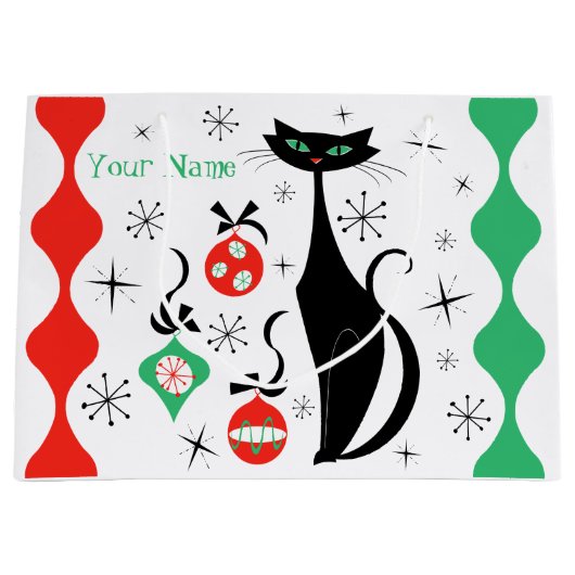 レトロクリスマスのストライプ猫の名前 ラージペーパーバッグ (正面)