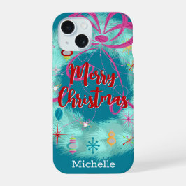 レトロクリスマスのティールリース iPhone 15ケース