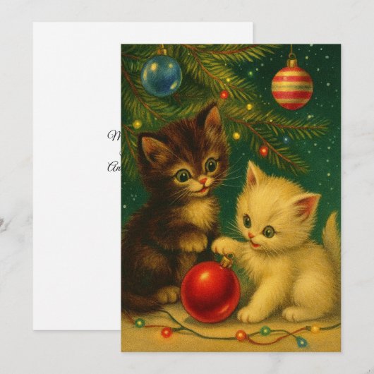 レトロクリスマスの木の下の可愛い子猫 シーズンカード (正面/裏面)