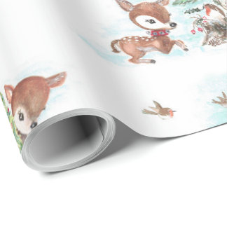 レトロクリスマスの水彩画 森の動物 ラッピングペーパー