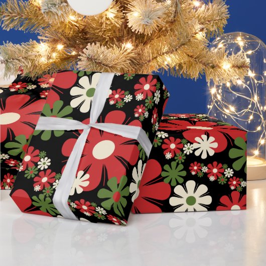 レトロクリスマスの花60s 70sフローラオン黒 ラッピングペーパー (クリスマス)