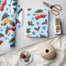 レトロクリスマスの車とツリーの水彩ギフトラッピング