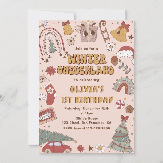 レトロクリスマスウィンターオネダーランドファースト誕生日 招待状 (正面)