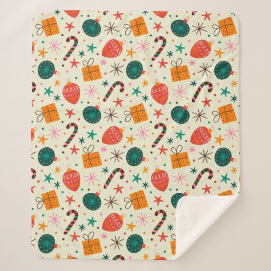 レトロクリスマスオーナメントとギフトパターン シェルパブランケット (正面)