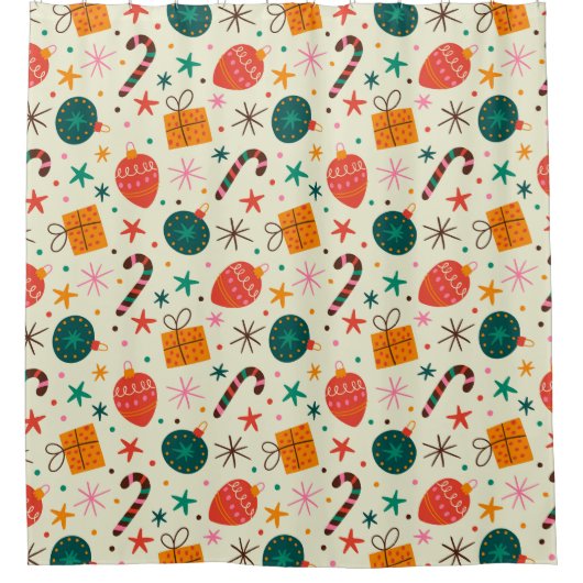 レトロクリスマスオーナメントとギフトパターン シャワーカーテン (正面)
