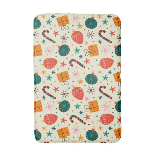 レトロクリスマスオーナメントとギフトパターン バスマット (正面縦)