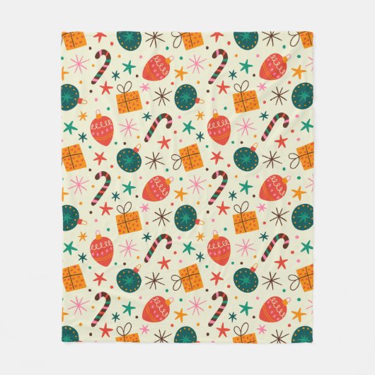 レトロクリスマスオーナメントとギフトパターン フリースブランケット (正面)
