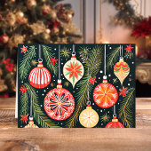 レトロクリスマスオーナメントと松の枝 シーズンカード