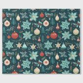 レトロクリスマスオーナメントと花柄 ラッピングペーパー (フラット)