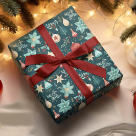レトロクリスマスオーナメントと花柄 ラッピングペーパー