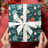 レトロクリスマスオーナメントと花柄 ラッピングペーパー
