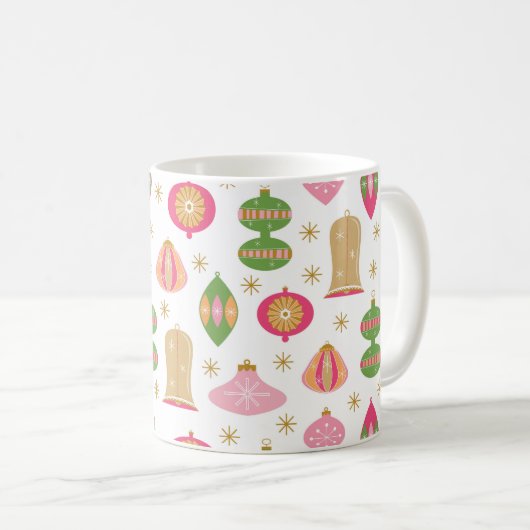レトロクリスマスオーナメントパターン – ピンクグリーン金ゴールド コーヒーマグカップ (正面右)