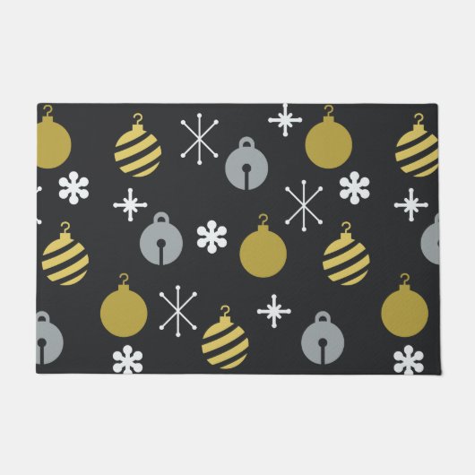 レトロクリスマスオーナメントブラック金ゴールド ドアマット (正面)