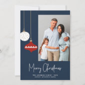 レトロクリスマスオーナメントブルーフォトホリデーカード シーズンカード (正面)