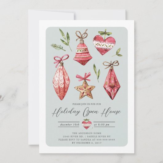 レトロクリスマスオーナメントホリデーオープンハウス 招待状 (正面)
