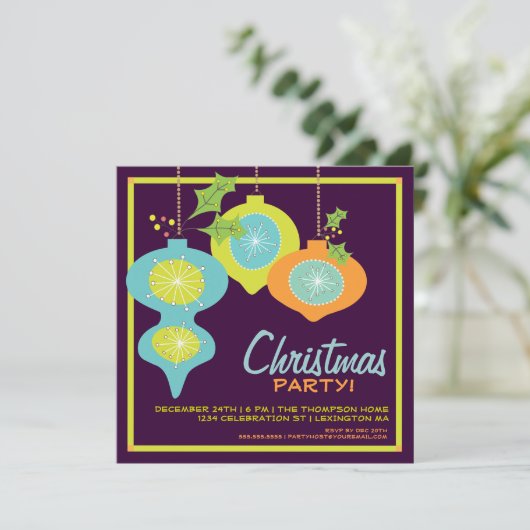 レトロクリスマスオーナメントホリデーパーティ招待状 招待状 (スタンド正面)