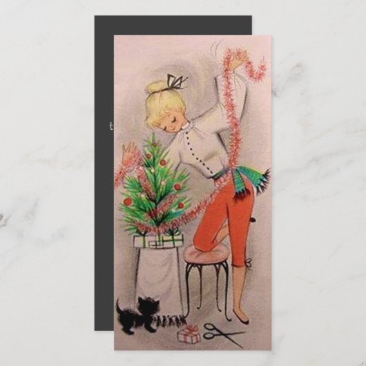 レトロクリスマスガールトリミングツリーカスタム シーズンカード (正面/裏面)