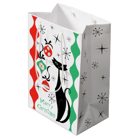 レトロクリスマスキャットストライプキャットメリークリスマス ミディアムペーパーバッグ (裏面アングル)