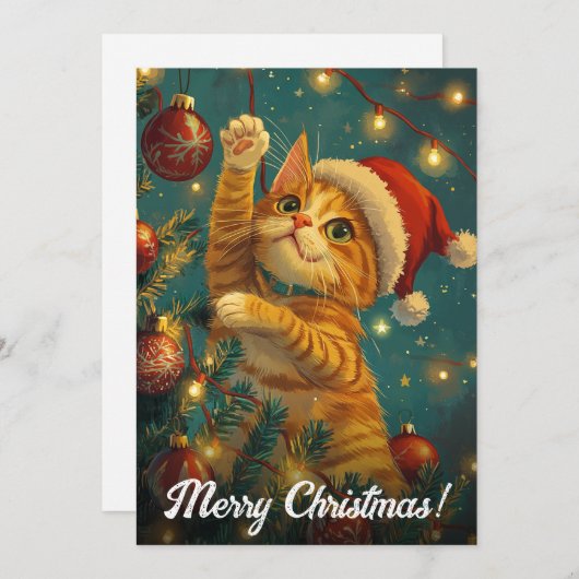 レトロクリスマスキャットツリーカスタム文字 シーズンカード (正面/裏面)