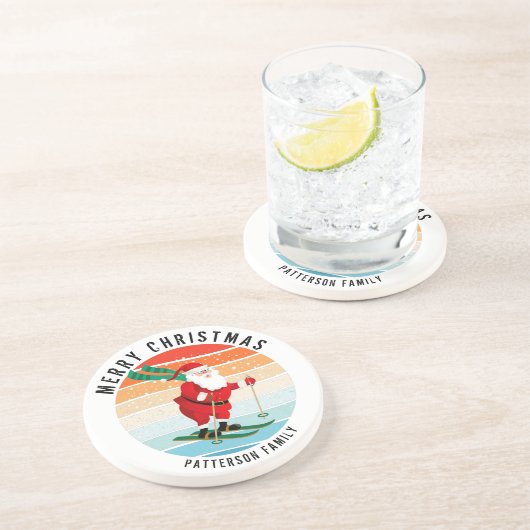 レトロクリスマスサンセットスキーサンタパーソナライズされた コースター (側面)