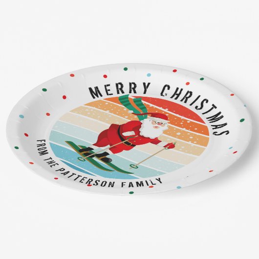 レトロクリスマスサンセットスキーサンタパーソナライズされた ペーパープレート (アングル)