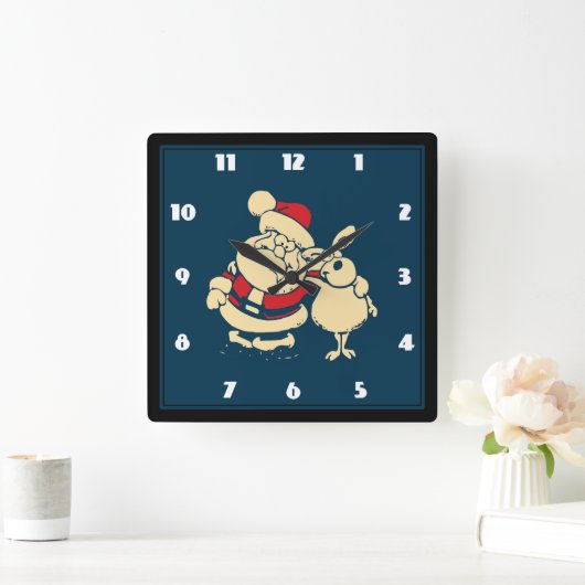 レトロクリスマスサンタとトナカイの友人 スクエア壁時計 (ホーム)
