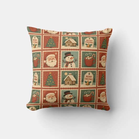 レトロクリスマススタンプのコラージュ クッション (正面)