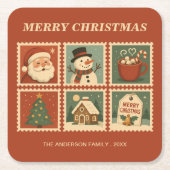 レトロクリスマススタンプのコラージュ スクエアペーパーコースター (正面)