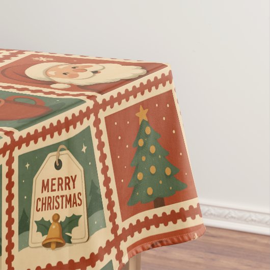 レトロクリスマススタンプのコラージュ テーブルクロス (インサイチュ)