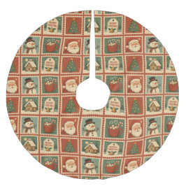 レトロクリスマススタンプのコラージュ ブラッシュドポリエステルツリースカート