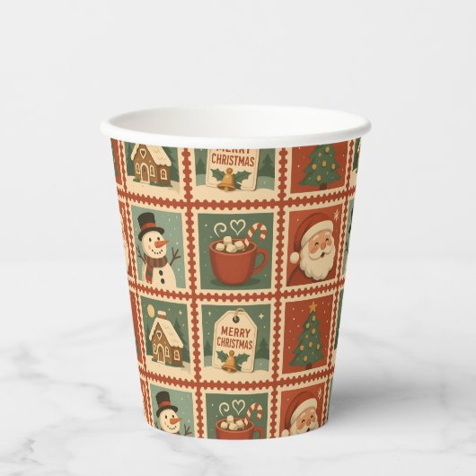 レトロクリスマススタンプのコラージュ 紙コップ (正面)