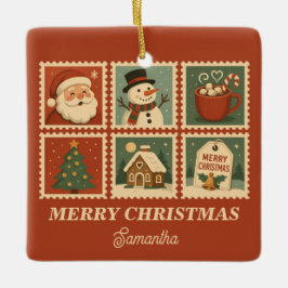 レトロクリスマススタンプコラージュ セラミックオーナメント