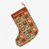 レトロクリスマススタンプパーソナライズされたコラージュ スモールクリスマスストッキング (裏面 (吊り時))