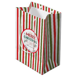 レトロクリスマスストライプ柄のカスタムクリスマス ミディアムペーパーバッグ