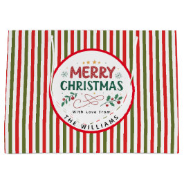 レトロクリスマスストライプ柄のカスタムクリスマス ラージペーパーバッグ