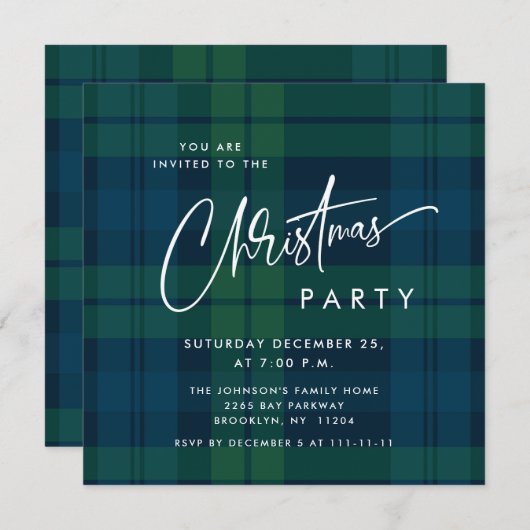 レトロクリスマスタータンチェックプレイドホリデーパーティシンプルー 招待状 (正面/裏面)