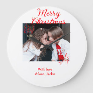 レトロクリスマスツリーと子供たちのクリスマスフォト ラージ壁時計
