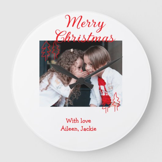 レトロクリスマスツリーと子供たちのクリスマスフォト ラージ壁時計 (正面)