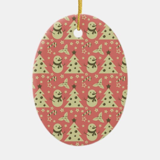 レトロクリスマスツリーのホリーベリースターキャンディーケーン セラミックオーナメント (正面)