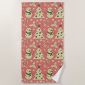 レトロクリスマスツリーのホリーベリースターキャンディーケーン ビーチタオル (正面)