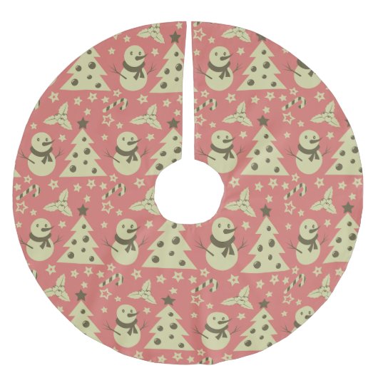 レトロクリスマスツリーのホリーベリースターキャンディーケーン ブラッシュドポリエステルツリースカート (正面)