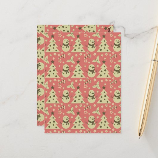 レトロクリスマスツリーのホリーベリースターキャンディーケーン ポストカード (正面/裏面インサイチュ)