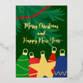 レトロクリスマスツリーオーナメント付きガーランド 箔シーズンカード (正面)