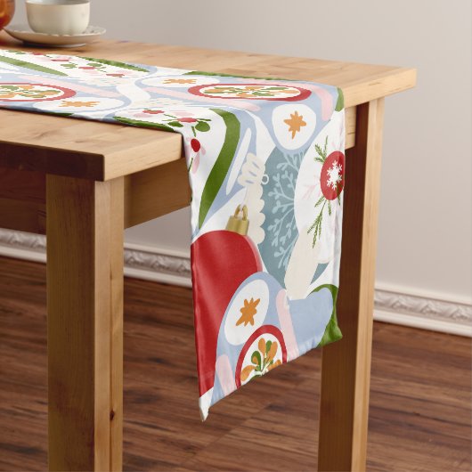 レトロクリスマスツリーオーナメント装飾赤 ロングテーブルランナー (インサイチュ)