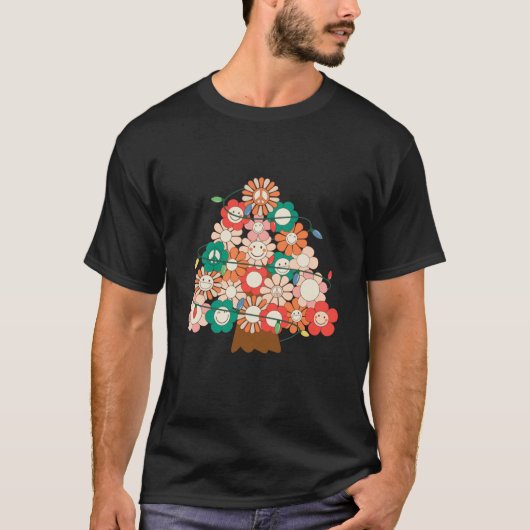 レトロクリスマスツリースマイル顔フラワークリスマスライト Tシャツ (正面)
