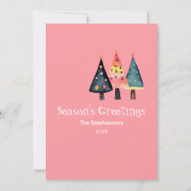 レトロクリスマスツリーズキュートピンクフラットホリデーカード