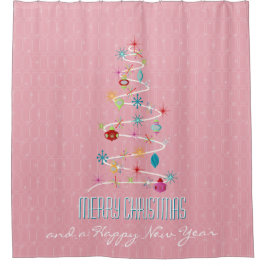 レトロクリスマスツリーピンククリスマス シャワーカーテン