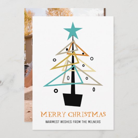 レトロクリスマスツリーミッドセンチュリーホリデーフォト シーズンカード (正面/裏面)